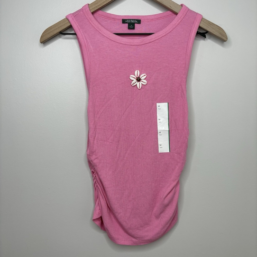 Hot Pink Ribbed Knit Tank Top Puka Shell Medium Beach Travel Summer Ruched Luau